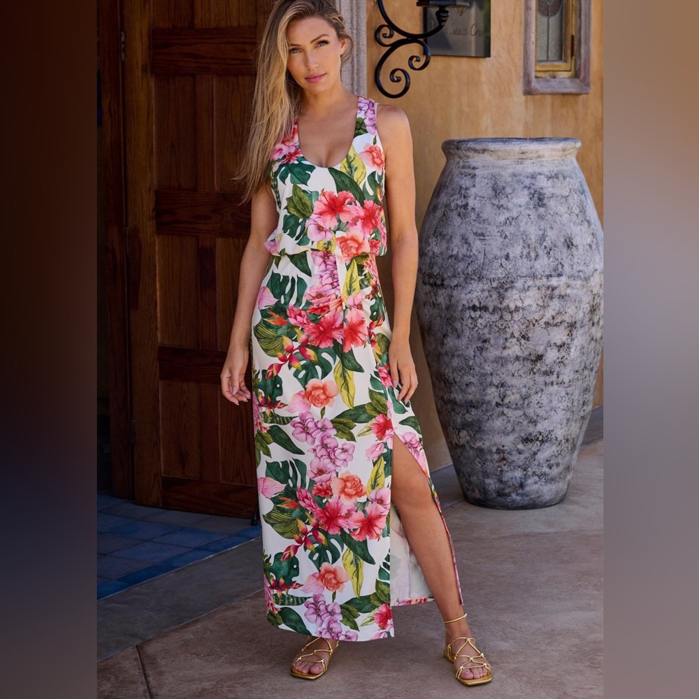 Tropical Oasis Print Blouson Slit Ankle Length Dress size Medium.